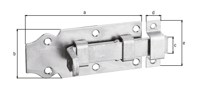 Door bolt with flat handle, with countersunk screw holes, Material: raw steel, Surface: galvanised, thick-film passivated, type: straight, with attached staple, Plate length: 100 mm, Plate width: 44 mm, Slide width: 16 mm, Width of locking plate: 13 mm, Length of locking plate: 45 mm, No. of holes: 6 / 2, Hole: Ø5 / Ø4 mm Door bolt with flat handle, with countersunk screw holes, Material: raw steel, Surface: galvanised, thick-film passivated, type: straight, with attached staple, Plate length: 100 mm, Plate width: 44 mm, Slide width: 16 mm, Width of locking plate: 13 mm, Length of locking plate: 45 mm, No. of holes: 6 / 2, Hole: Ø5 / Ø4 mm