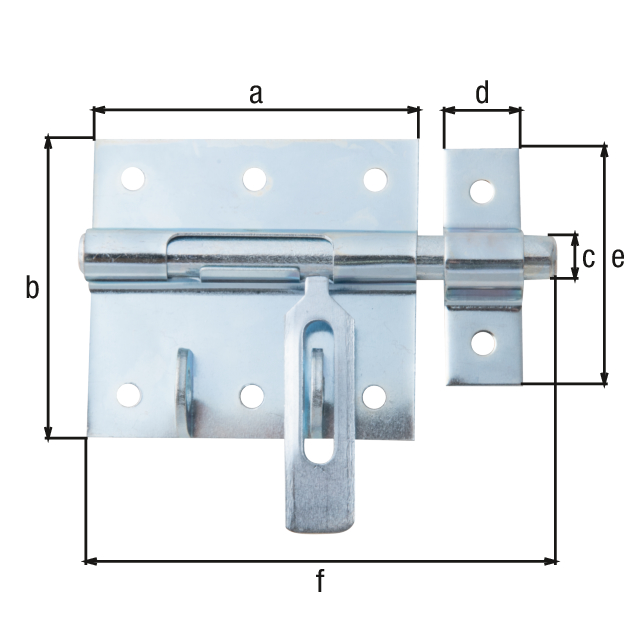 Cerrojo para candado con maneta plana, Material: Acero crudo, Superficie: galvanizado, con cerradero fijado, Longitud de la pletina: 70 mm, Anchura de la pletina: 67 mm, Pernos-Ø: 9,5 mm, Anchura del cerradero: 16 mm, Longitud del pasador: 53 mm, Longitud total: 100 mm, Número de agujeros: 8, Perforación: Ø5 mm Cerrojo para candado con maneta plana, Material: Acero crudo, Superficie: galvanizado, con cerradero fijado, Longitud de la pletina: 70 mm, Anchura de la pletina: 67 mm, Pernos-Ø: 9,5 mm, Anchura del cerradero: 16 mm, Longitud del pasador: 53 mm, Longitud total: 100 mm, Número de agujeros: 8, Perforación: Ø5 mm