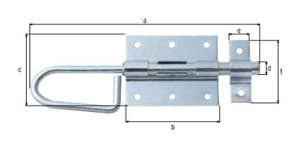 Bolzen-Stangenriegel, Material: Stahl roh, Oberfläche: galvanisch blau verzinkt, mit befestigter Schlaufe, Länge: 200 mm, Plattenlänge: 80 mm, Plattenbreite: 66 mm, Bolzen-Ø: 11,5 mm, Schlaufenbreite: 18 mm, Schlaufenlänge: 56 mm, Ausschub: 33 mm, Anzahl Löcher: 8, Loch: Ø5 mm Bolzen-Stangenriegel, Material: Stahl roh, Oberfläche: galvanisch blau verzinkt, mit befestigter Schlaufe, Länge: 200 mm, Plattenlänge: 80 mm, Plattenbreite: 66 mm, Bolzen-Ø: 11,5 mm, Schlaufenbreite: 18 mm, Schlaufenlänge: 56 mm, Ausschub: 33 mm, Anzahl Löcher: 8, Loch: Ø5 mm
