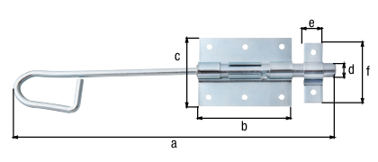 Verrou baïonnette, Matériau: Acier brut, Finition: zinguée, avec gâche attachée, Longueur: 300 mm, Longueur de platine: 90 mm, Largeur de platine: 67 mm, Boulon-Ø: 13,5 mm, Largeur de la boucle: 18 mm, Longueur de la boucle: 61 mm, Nombre de trous: 8, Trou: Ø5 mm