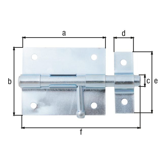 Verrou de box bouton, Matériau: Acier brut, Finition: zinguée, avec gâche attachée, Longueur de platine: 70 mm, Largeur de platine: 57 mm, Boulon-Ø: 9,5 mm, Largeur de gâche: 16 mm, Longueur de gâche: 53 mm, Longueur totale: 100 mm, Longueur d'extension: 32 mm, Nombre de trous: 6, Trou: Ø5 mm