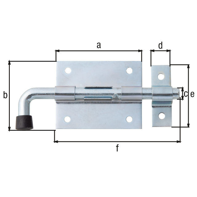 Bolt lock with round handle, Material: raw steel, Surface: blue galvanised, with attached staple, Plate length: 70 mm, Plate width: 57 mm, Bolt-Ø: 9.5 mm, Loop width: 16 mm, Loop length: 53 mm, Total length: 130 mm, No. of holes: 6, Hole: Ø5 mm Bolt lock with round handle, Material: raw steel, Surface: blue galvanised, with attached staple, Plate length: 70 mm, Plate width: 57 mm, Bolt-Ø: 9.5 mm, Loop width: 16 mm, Loop length: 53 mm, Total length: 130 mm, No. of holes: 6, Hole: Ø5 mm