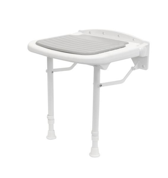 Upholstered seat for wall mounting, with height-adjustable support feet, Material: plastic, colour: white with grey padding, Width of seat: 380 mm, Depth of seat: 370 mm, Min. seat height: 500 mm, Max. seat height: 640 mm, Swung-up depth: 100 mm, Total depth: 400 mm, Max. load capacity: 159 kg Upholstered seat for wall mounting, with height-adjustable support feet, Material: plastic, colour: white with grey padding, Width of seat: 380 mm, Depth of seat: 370 mm, Min. seat height: 500 mm, Max. seat height: 640 mm, Swung-up depth: 100 mm, Total depth: 400 mm, Max. load capacity: 159 kg