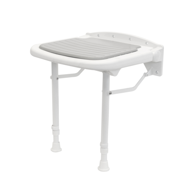 Upholstered seat for wall mounting, with height-adjustable support feet, Material: plastic, colour: white with grey padding, Width of seat: 380 mm, Depth of seat: 370 mm, Min. seat height: 500 mm, Max. seat height: 640 mm, Swung-up depth: 100 mm, Total depth: 400 mm, Max. load capacity: 159 kg Upholstered seat for wall mounting, with height-adjustable support feet, Material: plastic, colour: white with grey padding, Width of seat: 380 mm, Depth of seat: 370 mm, Min. seat height: 500 mm, Max. seat height: 640 mm, Swung-up depth: 100 mm, Total depth: 400 mm, Max. load capacity: 159 kg