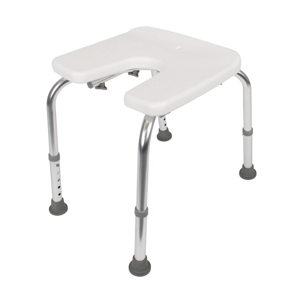 Shower stool, U-shape, height-adjustable, Material: plastic, colour: white, Width of seat: 400 mm, Depth of seat: 380 mm, Min. seat height: 420 mm, Max. seat height: 520 mm, Max. load capacity: 110 kg Shower stool, U-shape, height-adjustable, Material: plastic, colour: white, Width of seat: 400 mm, Depth of seat: 380 mm, Min. seat height: 420 mm, Max. seat height: 520 mm, Max. load capacity: 110 kg