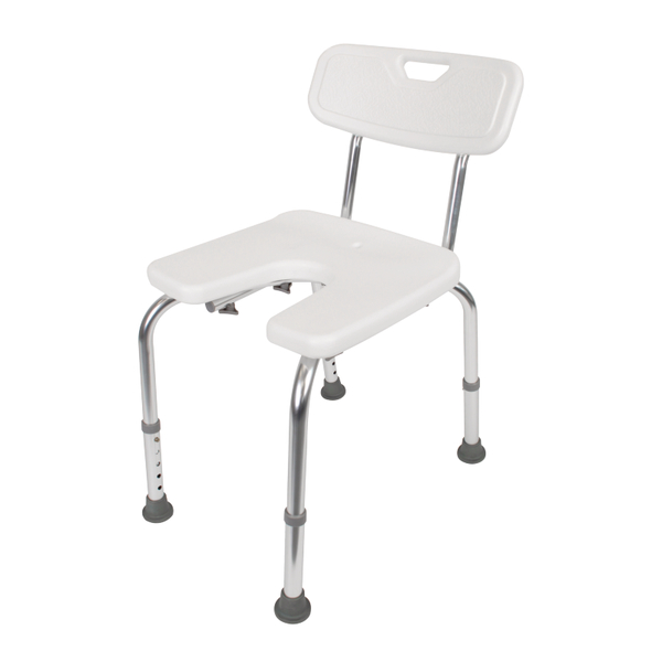 Shower chair, U-shape, height-adjustable, Material: plastic, colour: white, Width of seat: 400 mm, Depth of seat: 380 mm, Min. seat height: 420 mm, Max. seat height: 520 mm, Max. load capacity: 110 kg Shower chair, U-shape, height-adjustable, Material: plastic, colour: white, Width of seat: 400 mm, Depth of seat: 380 mm, Min. seat height: 420 mm, Max. seat height: 520 mm, Max. load capacity: 110 kg
