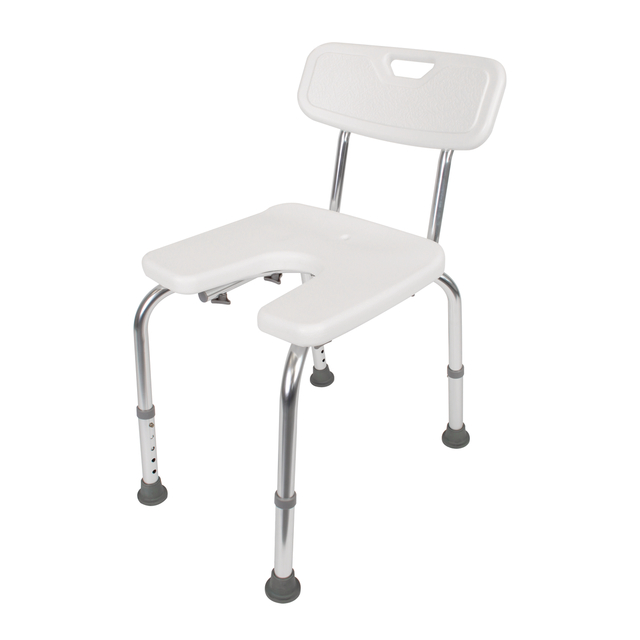 Shower chair, U-shape, height-adjustable, Material: plastic, colour: white, Width of seat: 400 mm, Depth of seat: 380 mm, Min. seat height: 420 mm, Max. seat height: 520 mm, Max. load capacity: 110 kg Shower chair, U-shape, height-adjustable, Material: plastic, colour: white, Width of seat: 400 mm, Depth of seat: 380 mm, Min. seat height: 420 mm, Max. seat height: 520 mm, Max. load capacity: 110 kg
