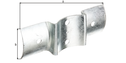 Giunzione per pali tondi, per pali e palizzate di Ø100 mm, Materiale: acciaio grezzo, superficie: zincata a fuoco, lunghezza totale: 200 mm, Larghezza totale: 70 mm, Spessore del materiale: 2,50 mm, Numero di fori: 4 / 1, Foro: Ø11 / Ø5 mm, CutCase Giunzione per pali tondi, per pali e palizzate di Ø100 mm, Materiale: acciaio grezzo, superficie: zincata a fuoco, lunghezza totale: 200 mm, Larghezza totale: 70 mm, Spessore del materiale: 2,50 mm, Numero di fori: 4 / 1, Foro: Ø11 / Ø5 mm, CutCase