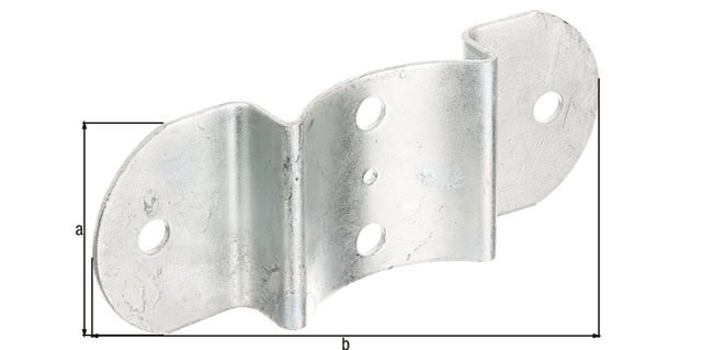Palisade fencing bracket, for posts and half-round fence rails, Ø 100 mm, Material: raw steel, Surface: hot-dip galvanised, Total length: 70 mm, Total width: 180 mm, Material thickness: 2.50 mm, No. of holes: 4 / 1, Hole: Ø11 / Ø5 mm, CutCase Palisade fencing bracket, for posts and half-round fence rails, Ø 100 mm, Material: raw steel, Surface: hot-dip galvanised, Total length: 70 mm, Total width: 180 mm, Material thickness: 2.50 mm, No. of holes: 4 / 1, Hole: Ø11 / Ø5 mm, CutCase