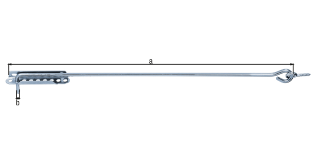 Hook and eye, with fixing plate, Material: raw steel, Surface: blue galvanised, for screwing in, Length: 600 mm, Hook dia.: 8 mm, Plate length: 140 mm, No. of holes: 2, Hole: 6.5 x 12 mm Hook and eye, with fixing plate, Material: raw steel, Surface: blue galvanised, for screwing in, Length: 600 mm, Hook dia.: 8 mm, Plate length: 140 mm, No. of holes: 2, Hole: 6.5 x 12 mm