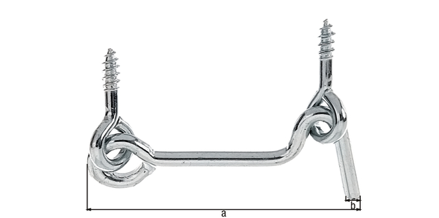 Hook and eye, with eyes, Material: raw steel, Surface: blue galvanised, for screwing in, Length: 50 mm, Hook dia.: 3 mm Hook and eye, with eyes, Material: raw steel, Surface: blue galvanised, for screwing in, Length: 50 mm, Hook dia.: 3 mm