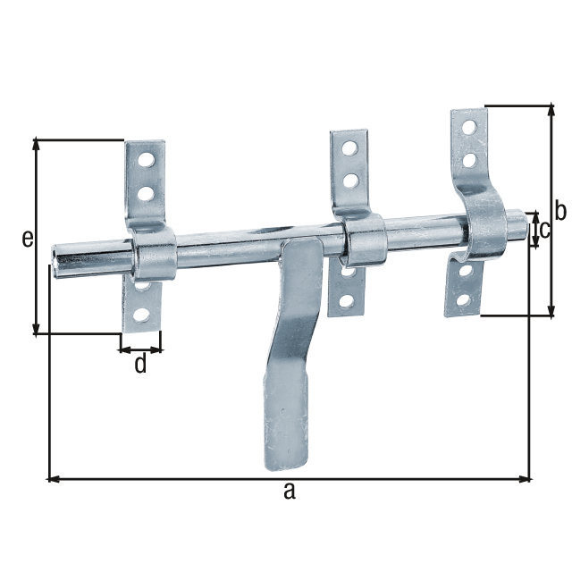 Catenaccio a cannone con maniglia piatta modello Vervelle, Materiale: acciaio grezzo, superficie: zincata blu, con guida asta fissata, lunghezza: 190 mm, Larghezza piastra: 93 mm, Perno-Ø: 14 mm, Larghezza guida asta: 16 mm, Lunghezza guida asta: 83 mm, Numero di fori: 12, Foro: Ø6 mm Catenaccio a cannone con maniglia piatta modello Vervelle, Materiale: acciaio grezzo, superficie: zincata blu, con guida asta fissata, lunghezza: 190 mm, Larghezza piastra: 93 mm, Perno-Ø: 14 mm, Larghezza guida asta: 16 mm, Lunghezza guida asta: 83 mm, Numero di fori: 12, Foro: Ø6 mm