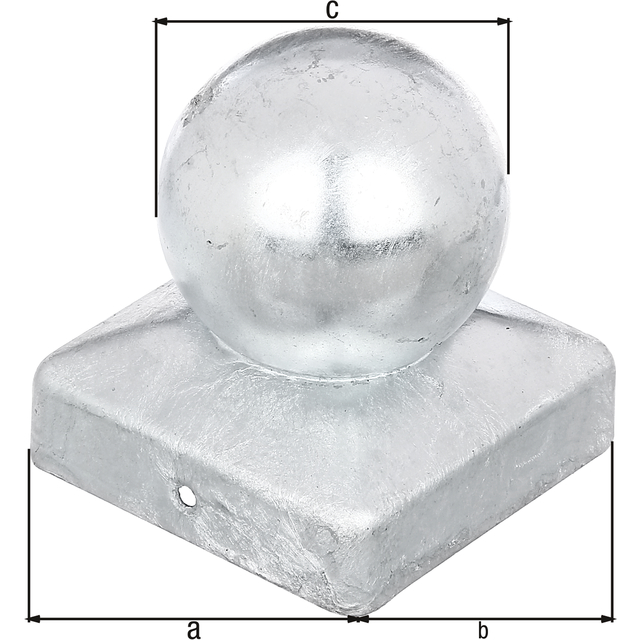 Post cap for wooden post, with ball top, with countersunk screw holes, Material: raw steel, Surface: hot-dip galvanised, Length: 70 mm, Width: 70 mm, Ball dia.: 60 mm Post cap for wooden post, with ball top, with countersunk screw holes, Material: raw steel, Surface: hot-dip galvanised, Length: 70 mm, Width: 70 mm, Ball dia.: 60 mm