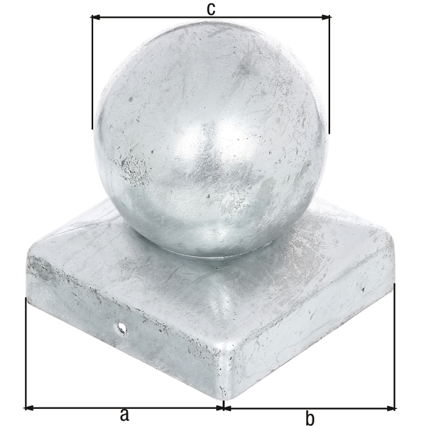 Pfostenkappe für Holzpfosten, mit Kugelkopf, mit versenkten Schraublöchern, Material: Stahl roh, Oberfläche: feuerverzinkt, Länge: 90 mm, Breite: 90 mm, Kugel-Ø: 80 mm
