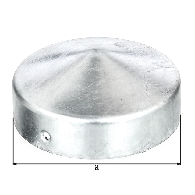 Post cap for wooden post, round, with countersunk screw holes, flat shaped, Material: raw steel, Surface: hot-dip galvanised, Diameter: 80 mm Post cap for wooden post, round, with countersunk screw holes, flat shaped, Material: raw steel, Surface: hot-dip galvanised, Diameter: 80 mm