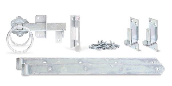 Garden gate fitting set for woven fence single gates, with countersunk screw holes, Material: raw steel, Surface: galvanised, thick-film passivated Garden gate fitting set for woven fence single gates, with countersunk screw holes, Material: raw steel, Surface: galvanised, thick-film passivated