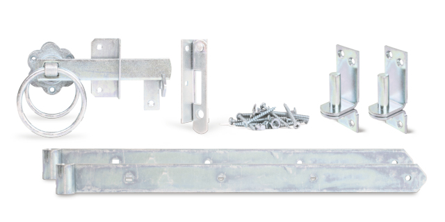 Assortiment de ferrure pour portails tressés à un vantail, avec trous de vis fraisés, Matériau: Acier brut, Finition: galvanisée passivée Assortiment de ferrure pour portails tressés à un vantail, avec trous de vis fraisés, Matériau: Acier brut, Finition: galvanisée passivée