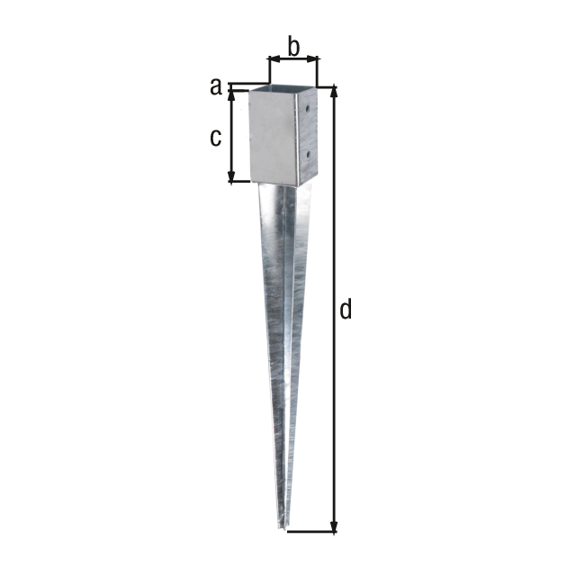Einschlag-Bodenhülse für Vierkantholzpfosten, Material: Stahl roh, Oberfläche: feuerverzinkt, zum Einschlagen, Topflänge: 46 mm, Topfbreite: 46 mm, Topfhöhe: 100 mm, Gesamtlänge: 550 mm, Anzahl Löcher: 4, Loch: Ø11 mm Einschlag-Bodenhülse für Vierkantholzpfosten, Material: Stahl roh, Oberfläche: feuerverzinkt, zum Einschlagen, Topflänge: 46 mm, Topfbreite: 46 mm, Topfhöhe: 100 mm, Gesamtlänge: 550 mm, Anzahl Löcher: 4, Loch: Ø11 mm
