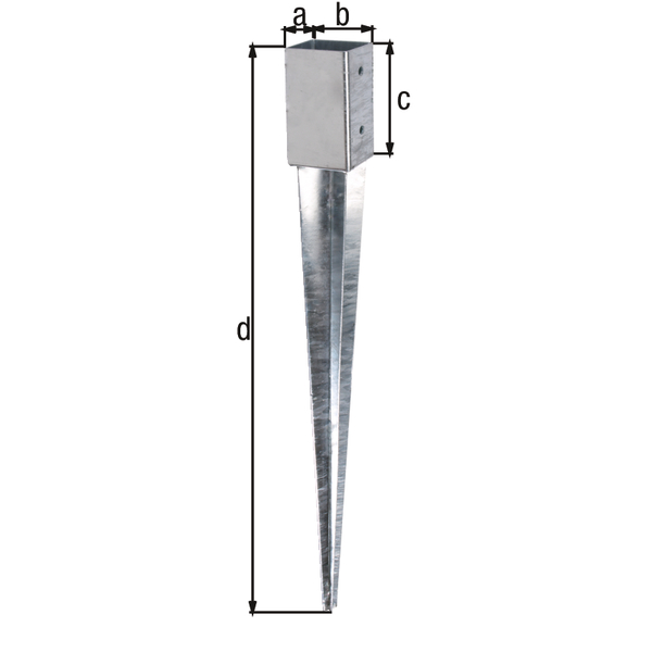 Fence post spike for square timber posts, Material: raw steel, Surface: hot-dip galvanised, for driving in, Pot length: 61 mm, Pot width: 61 mm, Pot height: 150 mm, Total length: 750 mm, No. of holes: 4, Hole: Ø11 mm Fence post spike for square timber posts, Material: raw steel, Surface: hot-dip galvanised, for driving in, Pot length: 61 mm, Pot width: 61 mm, Pot height: 150 mm, Total length: 750 mm, No. of holes: 4, Hole: Ø11 mm