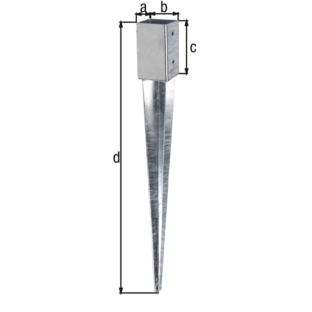 Fence post spike for square timber posts, Material: raw steel, Surface: hot-dip galvanised, for driving in, Pot length: 61 mm, Pot width: 61 mm, Pot height: 150 mm, Total length: 750 mm, No. of holes: 4, Hole: Ø11 mm Fence post spike for square timber posts, Material: raw steel, Surface: hot-dip galvanised, for driving in, Pot length: 61 mm, Pot width: 61 mm, Pot height: 150 mm, Total length: 750 mm, No. of holes: 4, Hole: Ø11 mm