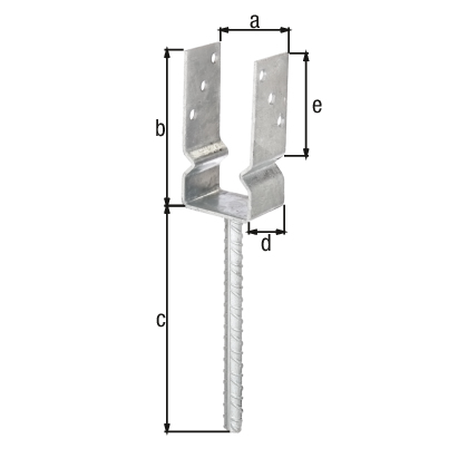 Anclaje para postes de forma U con varilla para hormigonar de acero acanalado, Material: Acero crudo, Superficie: galvanizado en caliente, para empotrar en hormigón, Anchura de apertura: 71 mm, Altura: 150 mm, Longitud del anclaje de hormigón: 200 mm, Profundidad: 60 mm, Extensión del poste: 100 mm, Ø del anclaje: 16 mm, Espesura del material: 4,00 mm, Número de agujeros: 6, Perforación: Ø11 mm Anclaje para postes de forma U con varilla para hormigonar de acero acanalado, Material: Acero crudo, Superficie: galvanizado en caliente, para empotrar en hormigón, Anchura de apertura: 71 mm, Altura: 150 mm, Longitud del anclaje de hormigón: 200 mm, Profundidad: 60 mm, Extensión del poste: 100 mm, Ø del anclaje: 16 mm, Espesura del material: 4,00 mm, Número de agujeros: 6, Perforación: Ø11 mm