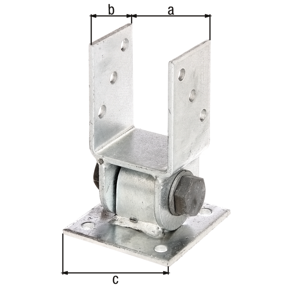 Post support with movable upper part for angular walls, Material: raw steel, Surface: hot-dip galvanised, for screwing on, Clear width: 71 mm, Depth: 60 mm, Plate length: 100 mm, No. of holes: 10, Hole: Ø11 mm Post support with movable upper part for angular walls, Material: raw steel, Surface: hot-dip galvanised, for screwing on, Clear width: 71 mm, Depth: 60 mm, Plate length: 100 mm, No. of holes: 10, Hole: Ø11 mm