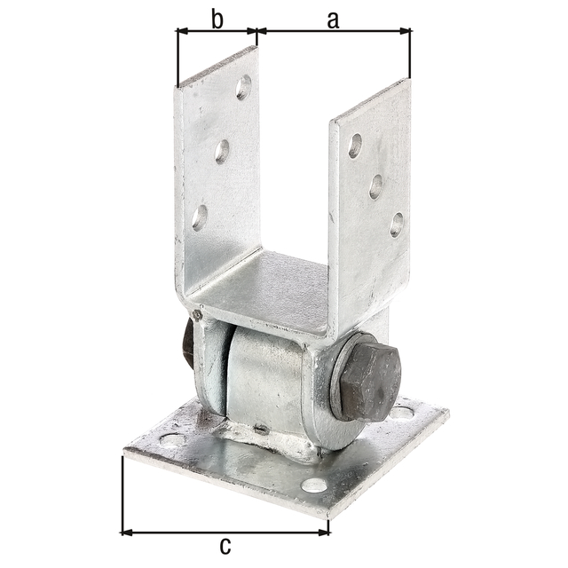 Anclaje para postes con una parte superior móvil para muros inclinados, Material: Acero crudo, Superficie: galvanizado en caliente, para atornillar, Anchura de apertura: 71 mm, Profundidad: 60 mm, Longitud de la pletina: 100 mm, Número de agujeros: 10, Perforación: Ø11 mm Anclaje para postes con una parte superior móvil para muros inclinados, Material: Acero crudo, Superficie: galvanizado en caliente, para atornillar, Anchura de apertura: 71 mm, Profundidad: 60 mm, Longitud de la pletina: 100 mm, Número de agujeros: 10, Perforación: Ø11 mm