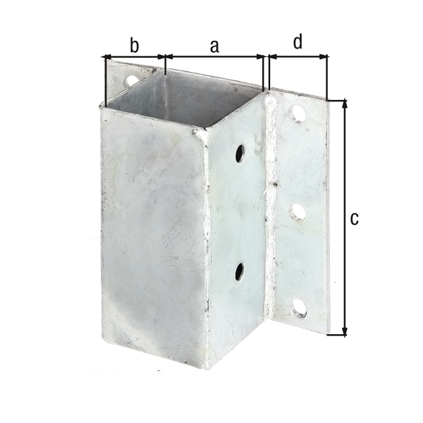 Staffa porta palo per cordoli a L ed U e per muri, Materiale: acciaio grezzo, superficie: zincata a fuoco, da avvitare, Lunghezza del vaso: 71 mm, Larghezza del vaso: 71 mm, Altezza supporto: 150 mm, Bordo esterno del vaso - bordo esterno della piastra avvitabile: 40 mm, Numero di fori: 10, Foro: Ø11 mm Staffa porta palo per cordoli a L ed U e per muri, Materiale: acciaio grezzo, superficie: zincata a fuoco, da avvitare, Lunghezza del vaso: 71 mm, Larghezza del vaso: 71 mm, Altezza supporto: 150 mm, Bordo esterno del vaso - bordo esterno della piastra avvitabile: 40 mm, Numero di fori: 10, Foro: Ø11 mm