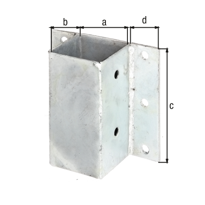 Staffa porta palo per cordoli a L ed U e per muri, Materiale: acciaio grezzo, superficie: zincata a fuoco, da avvitare, Lunghezza del vaso: 71 mm, Larghezza del vaso: 71 mm, Altezza supporto: 150 mm, Bordo esterno del vaso - bordo esterno della piastra avvitabile: 40 mm, Numero di fori: 10, Foro: Ø11 mm Staffa porta palo per cordoli a L ed U e per muri, Materiale: acciaio grezzo, superficie: zincata a fuoco, da avvitare, Lunghezza del vaso: 71 mm, Larghezza del vaso: 71 mm, Altezza supporto: 150 mm, Bordo esterno del vaso - bordo esterno della piastra avvitabile: 40 mm, Numero di fori: 10, Foro: Ø11 mm