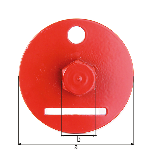 Herramienta de anclaje para atornillar escuadras de celosía, Material: Acero crudo, Superficie: fosfatado en zinc, recubrimiento plástico rojo rubí RAL 3003, Diámetro: 60 mm, Anchura de los planos: 17 mm Herramienta de anclaje para atornillar escuadras de celosía, Material: Acero crudo, Superficie: fosfatado en zinc, recubrimiento plástico rojo rubí RAL 3003, Diámetro: 60 mm, Anchura de los planos: 17 mm