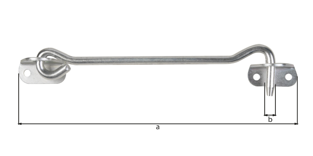 Sturmhaken, mit Winkelplatten, Material: Stahl roh, Oberfläche: galvanisch verzinkt, Dickschichtschutz, zum Anschrauben, Länge: 200 mm, Haken-Ø: 8 mm, Anzahl Löcher: 4, Loch: Ø5 mm Sturmhaken, mit Winkelplatten, Material: Stahl roh, Oberfläche: galvanisch verzinkt, Dickschichtschutz, zum Anschrauben, Länge: 200 mm, Haken-Ø: 8 mm, Anzahl Löcher: 4, Loch: Ø5 mm