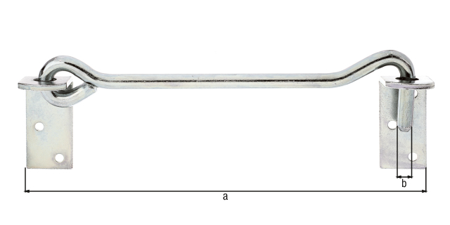 Crochet contrevent, avec platine coudée, Matériau: Acier brut, Finition: galvanisées, passivée, à visser, Longueur: 280 mm, Ø crochet: 12 mm, Nombre de trous: 6, Trou: Ø6,5 mm