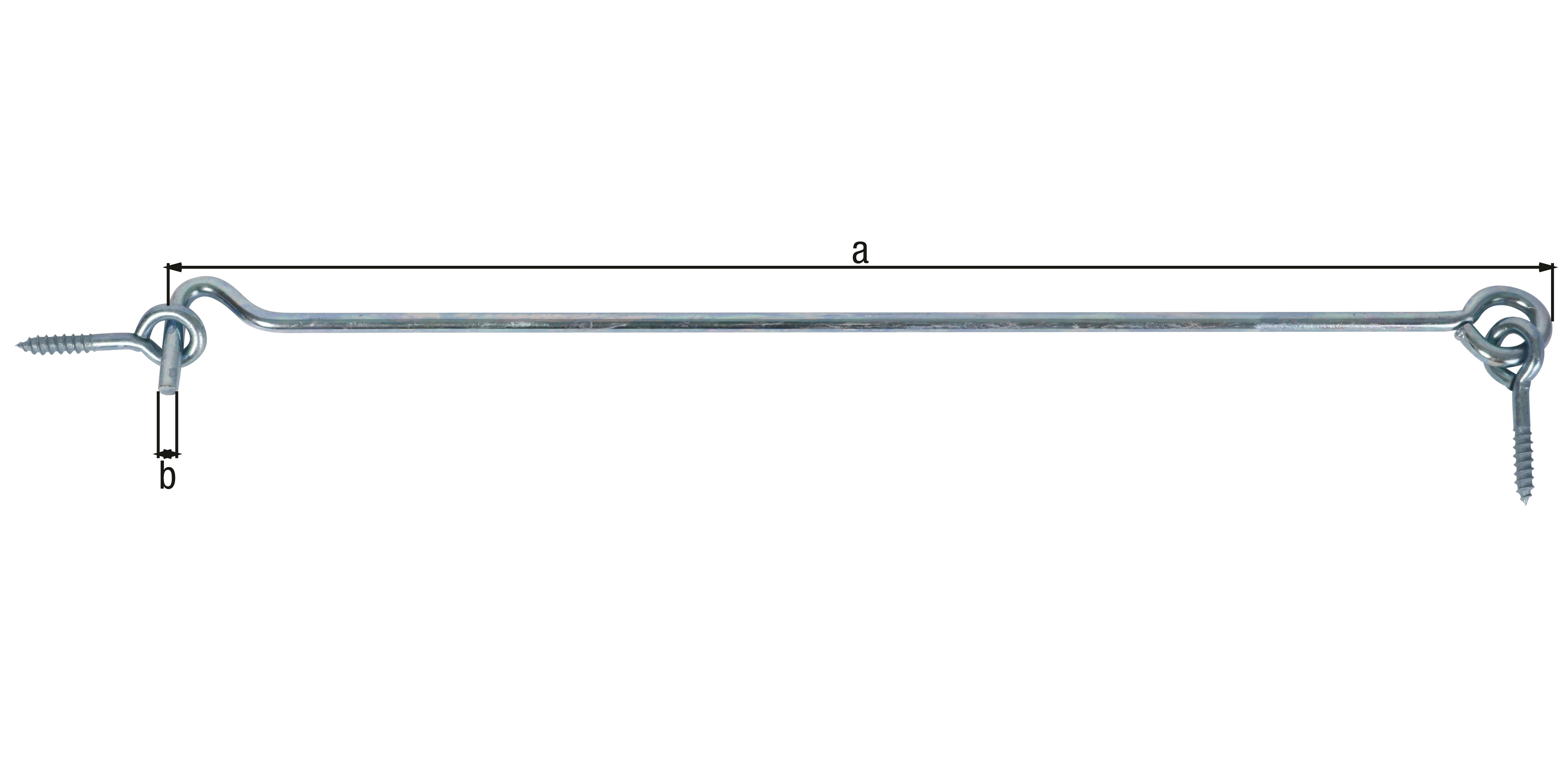 Gancio, con occhielli, Materiale: acciaio grezzo, superficie: galvanizzata, passivata a strato spesso, da avvitare, lunghezza: 400 mm, Ø gancio: 6 mm Gancio, con occhielli, Materiale: acciaio grezzo, superficie: galvanizzata, passivata a strato spesso, da avvitare, lunghezza: 400 mm, Ø gancio: 6 mm