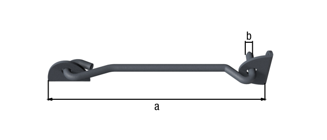 Ovado Hook and eye, with eyes on plates, Material: steel, Surface: galvanised, graphite grey powder-coated, Length: 233 mm, Hook dia.: 8 mm, No. of holes: 4, Hole: Ø5 mm Ovado Hook and eye, with eyes on plates, Material: steel, Surface: galvanised, graphite grey powder-coated, Length: 233 mm, Hook dia.: 8 mm, No. of holes: 4, Hole: Ø5 mm