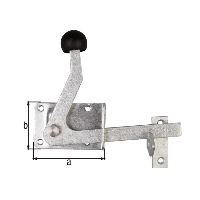 Verrou de portillon, avec trous de vis fraisés, avec crochet de béquille, Matériau: Acier brut, Finition: galvanisée à chaud, Longueur de platine: 80 mm, Largeur de platine: 55 mm, Nombre de trous: 4 / 2, Trou: Ø5 mm Verrou de portillon, avec trous de vis fraisés, avec crochet de béquille, Matériau: Acier brut, Finition: galvanisée à chaud, Longueur de platine: 80 mm, Largeur de platine: 55 mm, Nombre de trous: 4 / 2, Trou: Ø5 mm