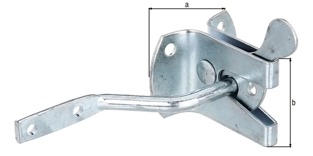 Garden gate fastening latch, Material: raw steel, Surface: blue galvanised, Plate length: 55 mm, Plate width: 45 mm, No. of holes: 2 / 4, Hole: Ø5.5 / Ø6 mm Garden gate fastening latch, Material: raw steel, Surface: blue galvanised, Plate length: 55 mm, Plate width: 45 mm, No. of holes: 2 / 4, Hole: Ø5.5 / Ø6 mm