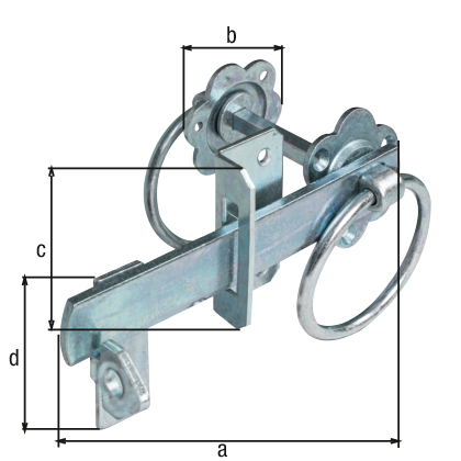 Garden gate fastening latch for high gates or woven fence doors, with countersunk screw holes, with door latch, Material: raw steel, Surface: galvanised, thick-film passivated, Length: 155 mm, Rosette dia.: 60 mm, Plate height: 70 mm, Height of hook: 60 mm, Pin length: 77 mm, No. of holes: 3 / 2 / 6, Hole: Ø5.2 / Ø5.5 / Ø4.5 mm Garden gate fastening latch for high gates or woven fence doors, with countersunk screw holes, with door latch, Material: raw steel, Surface: galvanised, thick-film passivated, Length: 155 mm, Rosette dia.: 60 mm, Plate height: 70 mm, Height of hook: 60 mm, Pin length: 77 mm, No. of holes: 3 / 2 / 6, Hole: Ø5.2 / Ø5.5 / Ø4.5 mm