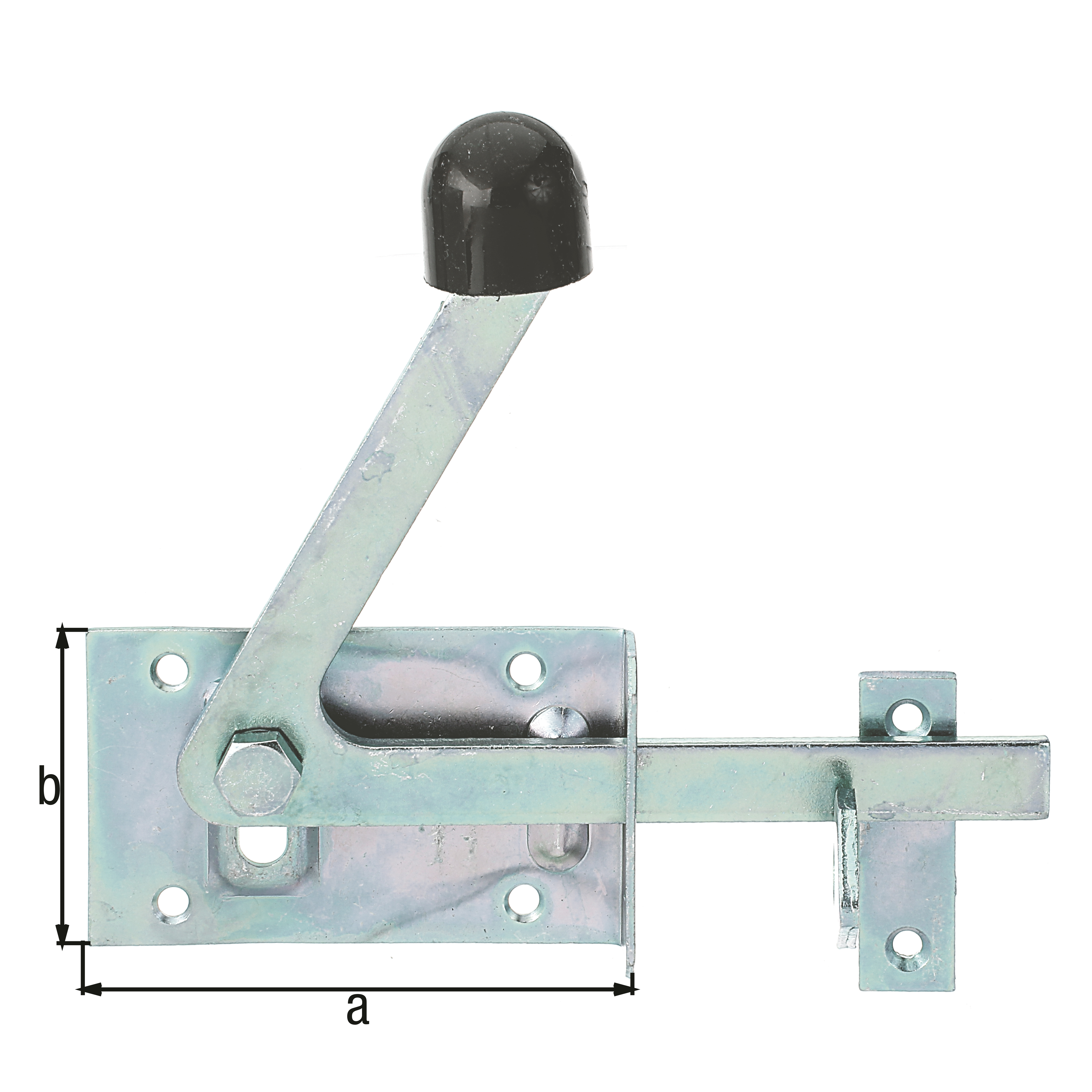 Verrou de portillon spécial pour montants de cadre en bois étroits, avec trous de vis fraisés, avec crochet de béquille, Matériau: Acier brut, Finition: galvanisée passivée, Longueur de platine: 100 mm, Largeur de platine: 60 mm, Nombre de trous: 6, Trou: Ø5,5 mm Verrou de portillon spécial pour montants de cadre en bois étroits, avec trous de vis fraisés, avec crochet de béquille, Matériau: Acier brut, Finition: galvanisée passivée, Longueur de platine: 100 mm, Largeur de platine: 60 mm, Nombre de trous: 6, Trou: Ø5,5 mm