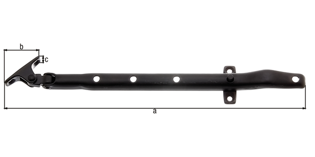 Fenster-Feststeller für Klappfenster oder Drehflügelfenster, Material: Stahl roh, Oberfläche: schwarz kunststoffbeschichtet, Gesamtlänge: 285 mm, Länge Anschraubplatte: 41 mm, Breite Anschraubplatte: 15 mm, Anzahl Löcher: 4, Loch: Ø4,5 mm Fenster-Feststeller für Klappfenster oder Drehflügelfenster, Material: Stahl roh, Oberfläche: schwarz kunststoffbeschichtet, Gesamtlänge: 285 mm, Länge Anschraubplatte: 41 mm, Breite Anschraubplatte: 15 mm, Anzahl Löcher: 4, Loch: Ø4,5 mm