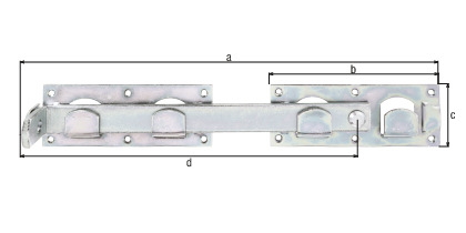Fermeture pour portail double, avec trous de vis fraisés, Matériau: Acier brut, Finition: galvanisée passivée, pièces liées par un serre-câble, Longueur totale: 423 mm, Longueur de platine: 180 mm, Largeur de platine: 70 mm, Longueur de la couverture: 333 mm, Nombre de trous: 12, Trou: Ø5 mm Fermeture pour portail double, avec trous de vis fraisés, Matériau: Acier brut, Finition: galvanisée passivée, pièces liées par un serre-câble, Longueur totale: 423 mm, Longueur de platine: 180 mm, Largeur de platine: 70 mm, Longueur de la couverture: 333 mm, Nombre de trous: 12, Trou: Ø5 mm
