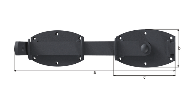 Fermeture pour portail double Ovado, avec trous de vis fraisés, Matériau: Acier, Finition: zinguée, plastifiée gris graphite, Longueur totale: 375 mm, Hauteur de platine: 80 mm, Longueur de platine: 140 mm, Nombre de trous: 12, Trou: Ø5 mm Fermeture pour portail double Ovado, avec trous de vis fraisés, Matériau: Acier, Finition: zinguée, plastifiée gris graphite, Longueur totale: 375 mm, Hauteur de platine: 80 mm, Longueur de platine: 140 mm, Nombre de trous: 12, Trou: Ø5 mm