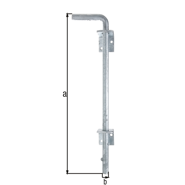 Asta blocca porta, Materiale: acciaio grezzo, superficie: zincata a fuoco, altezza totale: 400 mm, diametro: 16 mm, Distanza perno - cancello: 30 mm, Numero di fori: 4, Foro: Ø6,5 mm Asta blocca porta, Materiale: acciaio grezzo, superficie: zincata a fuoco, altezza totale: 400 mm, diametro: 16 mm, Distanza perno - cancello: 30 mm, Numero di fori: 4, Foro: Ø6,5 mm