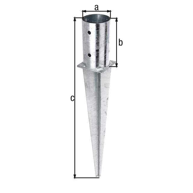 Fence post spike for round timber posts, Material: raw steel, Surface: hot-dip galvanised, for driving in, Pot dia.: 81 mm, Pot height: 150 mm, Total length: 600 mm, No. of holes: 4, Hole: Ø11 mm Fence post spike for round timber posts, Material: raw steel, Surface: hot-dip galvanised, for driving in, Pot dia.: 81 mm, Pot height: 150 mm, Total length: 600 mm, No. of holes: 4, Hole: Ø11 mm
