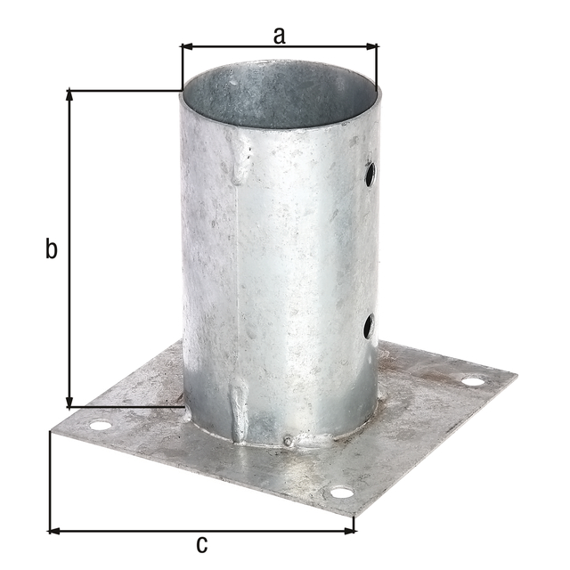 Ancre sur platine pour poteaux en bois ronds, Matériau: Acier brut, Finition: galvanisée à chaud, Ø du pot: 81 mm, Hauteur de pot: 150 mm, Longueur de platine: 150 mm, Nombre de trous: 8, Trou: Ø11 mm Ancre sur platine pour poteaux en bois ronds, Matériau: Acier brut, Finition: galvanisée à chaud, Ø du pot: 81 mm, Hauteur de pot: 150 mm, Longueur de platine: 150 mm, Nombre de trous: 8, Trou: Ø11 mm