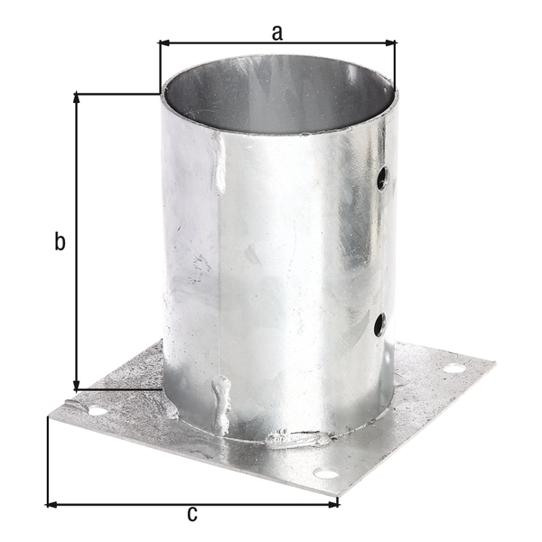 Aufschraubhülse für Rundholzpfosten, Material: Stahl roh, Oberfläche: feuerverzinkt, Topf-Ø: 101 mm, Topfhöhe: 150 mm, Plattenlänge: 150 mm, Anzahl Löcher: 8, Loch: Ø11 mm