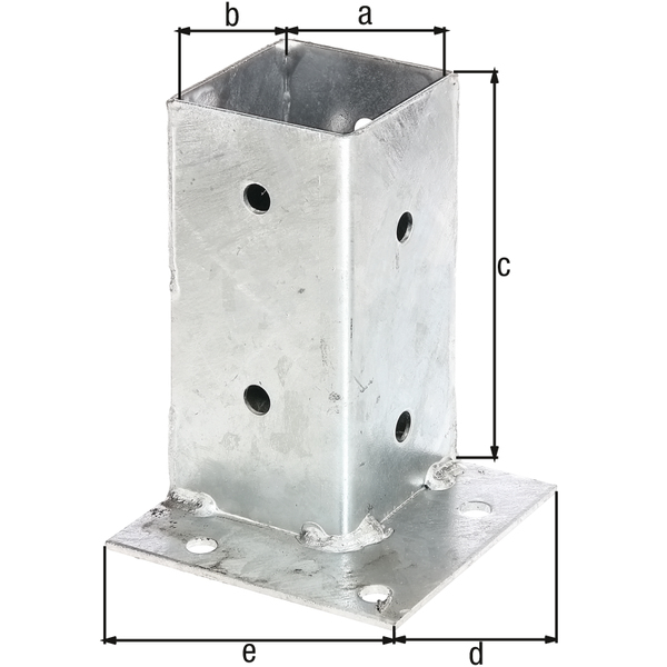 Bolt down post support for square timber posts, for flush fixing to corners, Material: raw steel, Surface: hot-dip galvanised, Pot length: 71 mm, Pot width: 71 mm, Pot height: 150 mm, Plate length: 114 mm, Plate width: 114 mm, No. of holes: 12, Hole: Ø11 mm Bolt down post support for square timber posts, for flush fixing to corners, Material: raw steel, Surface: hot-dip galvanised, Pot length: 71 mm, Pot width: 71 mm, Pot height: 150 mm, Plate length: 114 mm, Plate width: 114 mm, No. of holes: 12, Hole: Ø11 mm