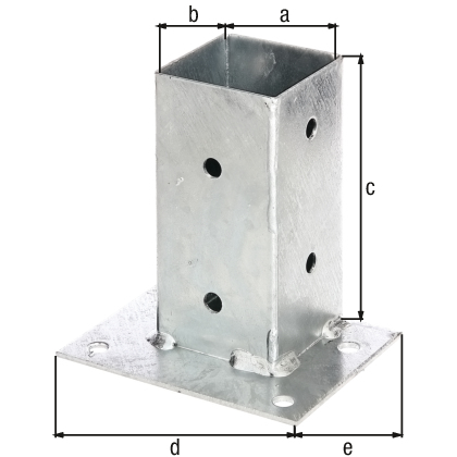Anclaje sobre base para postes de madera cuadrados, ideal para la fijación en lineas rectas, Material: Acero crudo, Superficie: galvanizado en caliente, Longitud de la maceta: 71 mm, Anchura de la maceta: 71 mm, Altura del tubo: 150 mm, Longitud de la pletina: 143 mm, Anchura de la pletina: 114 mm, Número de agujeros: 12, Perforación: Ø11 mm Anclaje sobre base para postes de madera cuadrados, ideal para la fijación en lineas rectas, Material: Acero crudo, Superficie: galvanizado en caliente, Longitud de la maceta: 71 mm, Anchura de la maceta: 71 mm, Altura del tubo: 150 mm, Longitud de la pletina: 143 mm, Anchura de la pletina: 114 mm, Número de agujeros: 12, Perforación: Ø11 mm