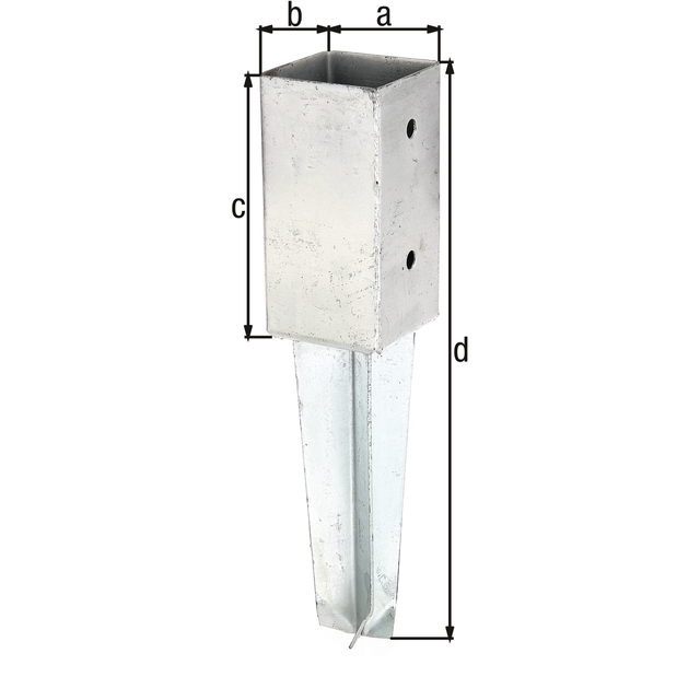 Anclaje para postes de madera cuadrados, Material: Acero crudo, Superficie: galvanizado en caliente, para empotrar en hormigón, Longitud de la maceta: 71 mm, Anchura de la maceta: 71 mm, Altura del tubo: 150 mm, Longitud total: 350 mm, Número de agujeros: 4, Perforación: Ø11 mm Anclaje para postes de madera cuadrados, Material: Acero crudo, Superficie: galvanizado en caliente, para empotrar en hormigón, Longitud de la maceta: 71 mm, Anchura de la maceta: 71 mm, Altura del tubo: 150 mm, Longitud total: 350 mm, Número de agujeros: 4, Perforación: Ø11 mm