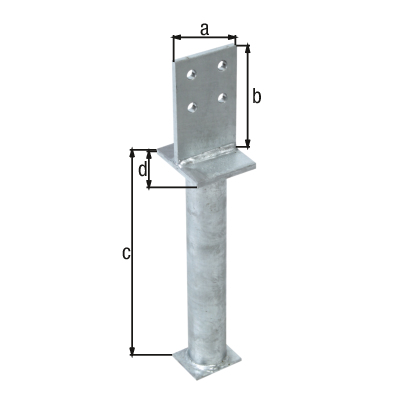 T-Pfostenträger mit Steg, Material: Stahl roh, Oberfläche: feuerverzinkt, zum Einbetonieren, Stegbreite: 80 mm, Steghöhe: 130 mm, Länge Betonanker: 300 mm, Plattenlänge: 90 mm, Rohr-Ø: 48,3 mm, Materialstärke: 8,00 mm, Anzahl Löcher: 4, Loch: Ø11 mm