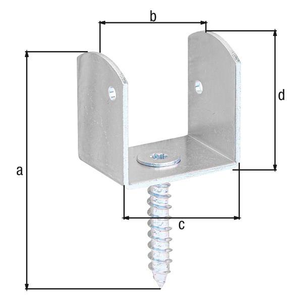 Flechtzaunhalter, U-Form, Material: Stahl roh, Oberfläche: galvanisch verzinkt, Dickschichtschutz, Gesamthöhe: 83 mm, Breite: 38 mm, Tiefe: 30 mm, Höhe: 38 mm, Antrieb: Innensechsrund (Stern) Größe 30, Materialstärke: 2,00 mm, Holzgewinde-Ø: 8 x 45 mm, Anzahl Löcher: 2, Loch: Ø4,5 mm Flechtzaunhalter, U-Form, Material: Stahl roh, Oberfläche: galvanisch verzinkt, Dickschichtschutz, Gesamthöhe: 83 mm, Breite: 38 mm, Tiefe: 30 mm, Höhe: 38 mm, Antrieb: Innensechsrund (Stern) Größe 30, Materialstärke: 2,00 mm, Holzgewinde-Ø: 8 x 45 mm, Anzahl Löcher: 2, Loch: Ø4,5 mm
